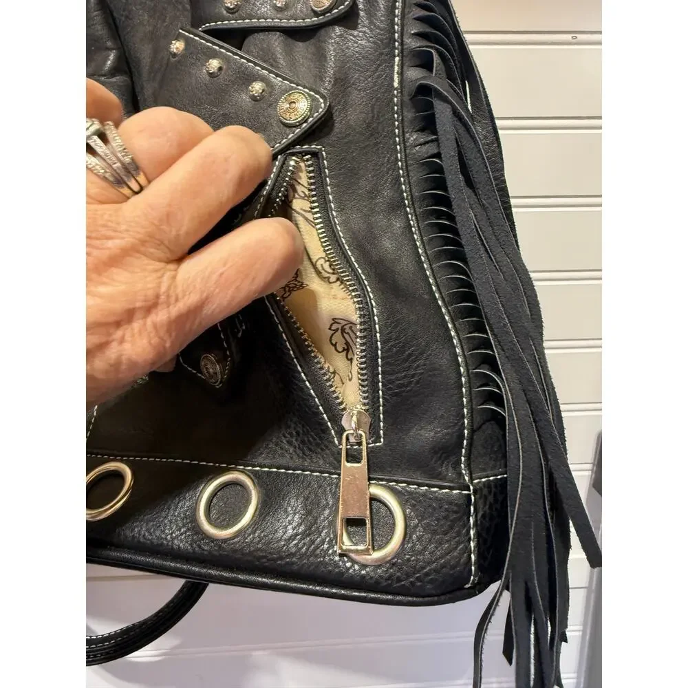 Cowgirl Trendy Moto Jacket Faux Leather Backpack w/Fringe & Silver-tone Studs